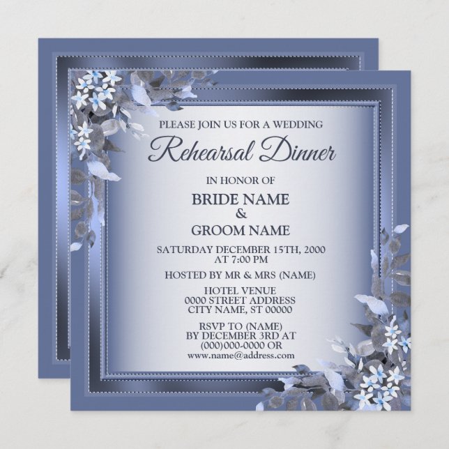 Wedding Navy Blue Floral Silver Rehearsal Dinner Inbjudningar (Fram/baksida)