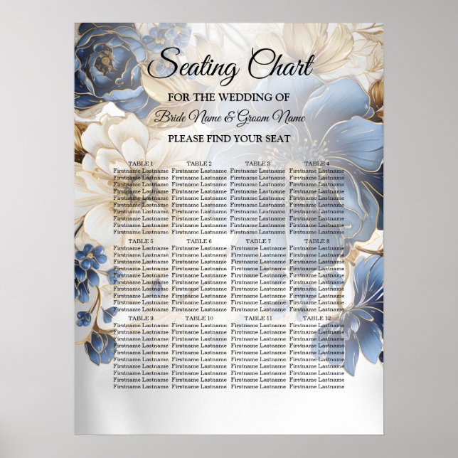 Wedding Navy Blue White Golden Floral Silver Poster (Framsidan)