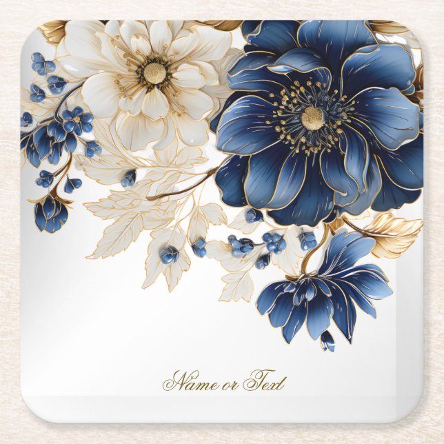 Wedding Navy Blue White Golden Floral Silver Underlägg Papper Kvadrat (Framsidan)