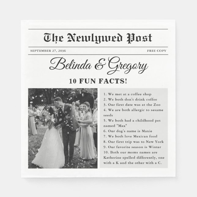 Wedding Newspaper Fun Black White Photo Fun Facts Pappersservett (Framsidan)