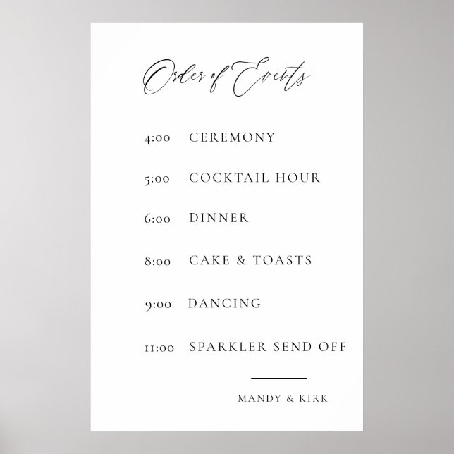 Wedding Order of Events Sign | Elegant Minimal  Poster (Framsidan)