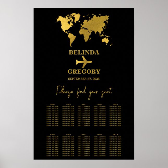 Wedding Passport Black Gold Seating Chart Poster (Framsidan)