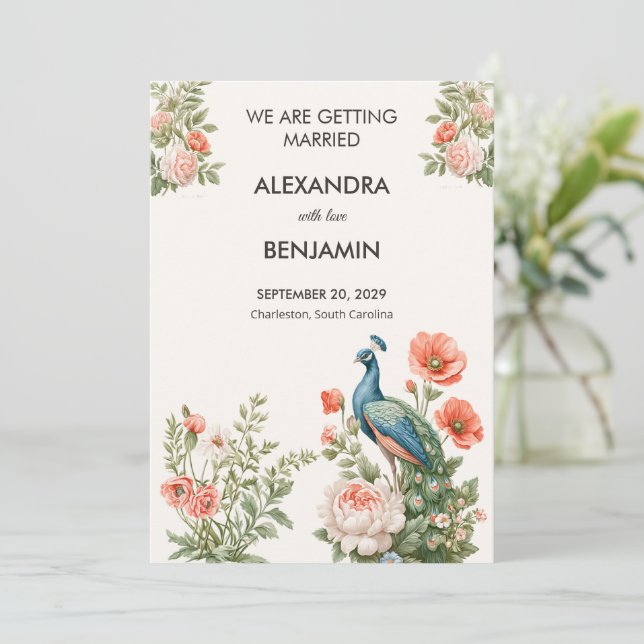 Wedding Peacock Botanical Vintage | Announcement Inbjudningar (Stående Fram)