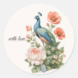 Wedding Peacock Botanical Vintage | Elegant Förseg Runt Klistermärke