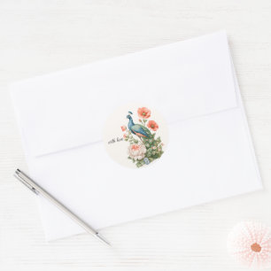 Wedding Peacock Botanical Vintage Elegant Förseg Runt Klistermärke