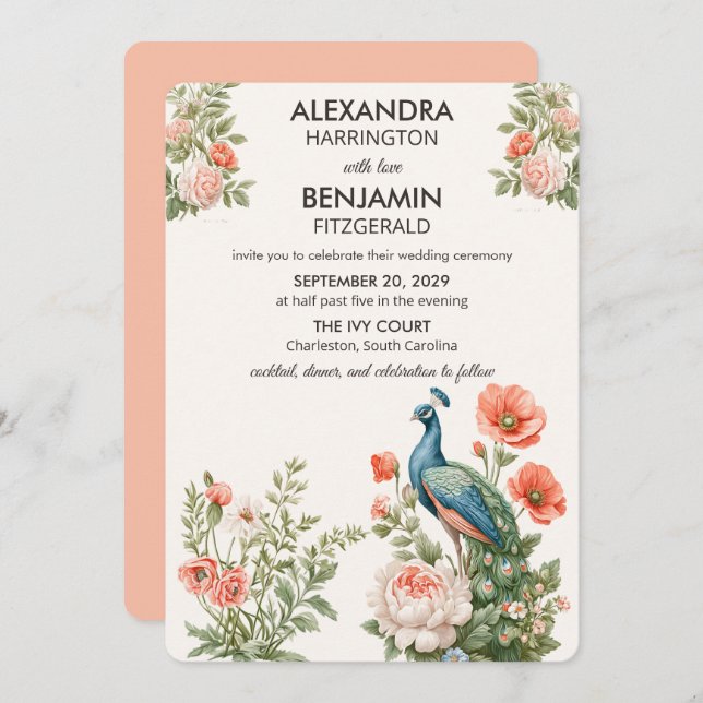 Wedding Peacock Botanical | Vintage Floral Art Inbjudningar (Fram/baksida)