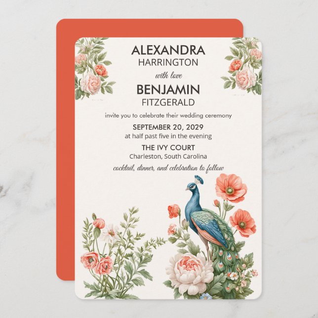 Wedding Peacock Botanical | Vintage Floral Art Inbjudningar (Fram/baksida)