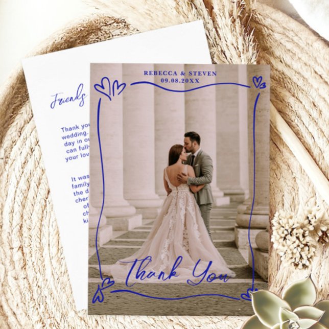 Wedding Photo Blue Doodle Heart Overprint Border Tack Kort (Skapare uppladdad)