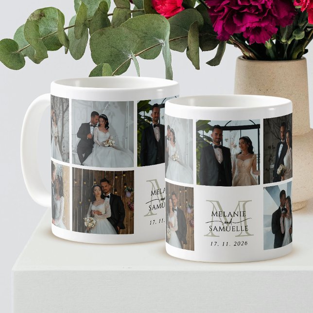 Wedding Photo Collage Bride and Groom Monogram Kaffemugg (Skapare uppladdad)