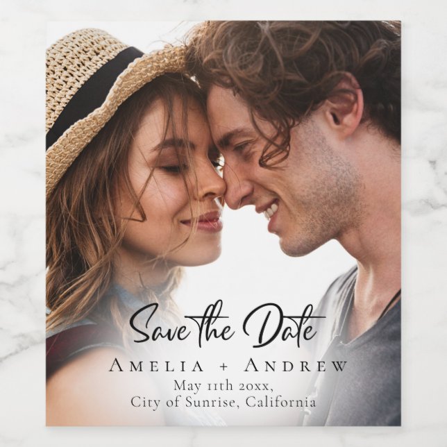 Wedding Photo Save the Date Minimalist Vinflaska Etikett (Singel etikett)