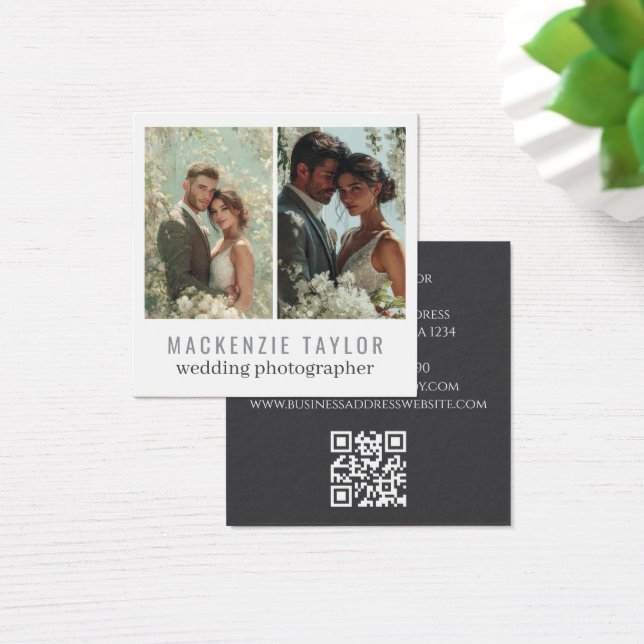 Wedding Photographer 2 Photo Personalized QR Code Fyrkantigt Visitkort (Skivbord)
