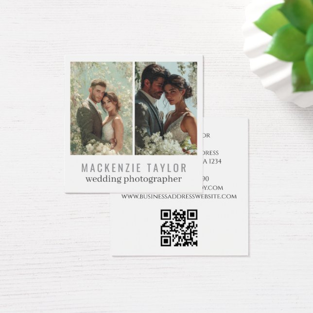 Wedding Photographer 2 Photo Personalized QR Code Fyrkantigt Visitkort (Skivbord)