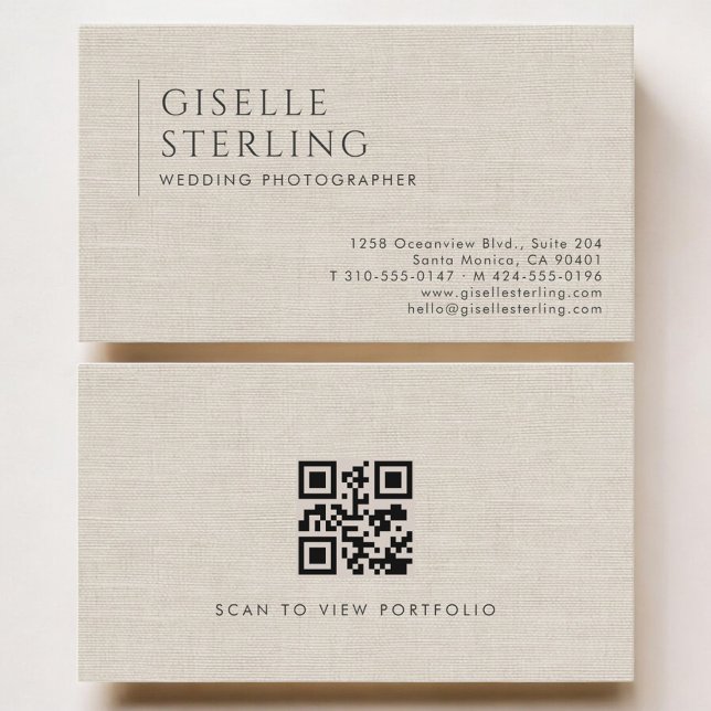 Wedding Photographer Luxury Neutral Linen QR Code Visitkort (Skapare uppladdad)
