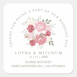 Wedding Pink Floral Bouquet Wedding Sanitizer Gel Fyrkantigt Klistermärke