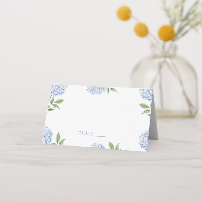 Wedding Place Cards, Blue Hydrangea Border Classic Placeringskort (Framsida)