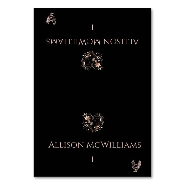 Wedding Place cards-Chicken Icon-Rose Gold Flowers Bordsnummer (Framsidan)