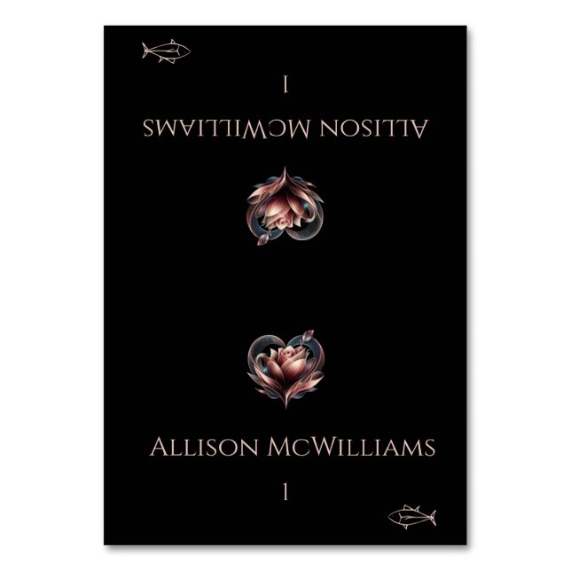 Wedding Place cards-Fish Icon-Rose with Heart Bordsnummer (Framsidan)