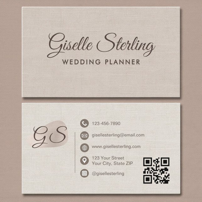 Wedding Planner Beige Linen Modern Elegant QR Code Visitkort (Skapare uppladdad)