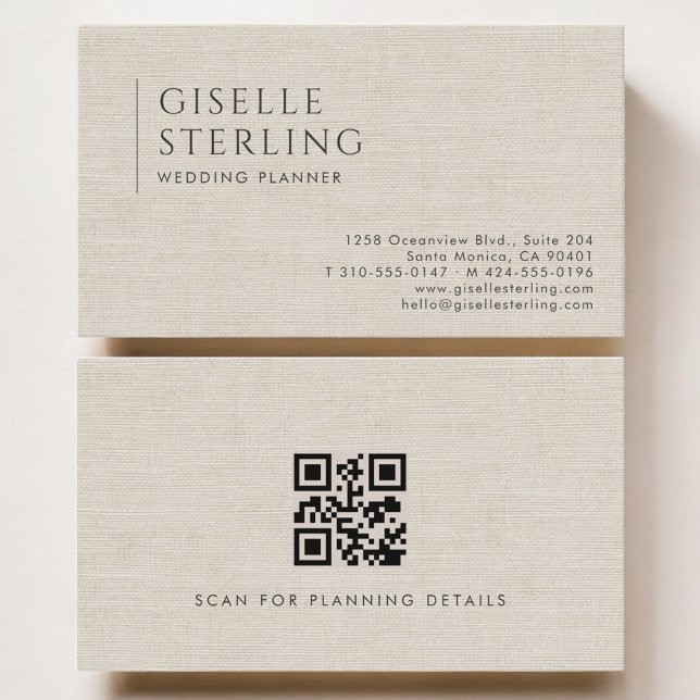 Wedding Planner Luxury Neutral Linen QR Code Visitkort (Skapare uppladdad)