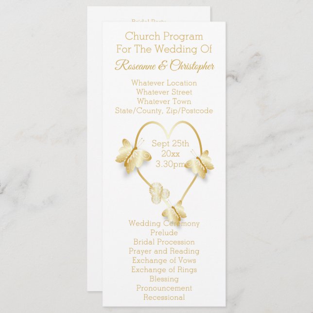 Wedding Program Gold Coloured Heart Butterfly (Fram/baksida)