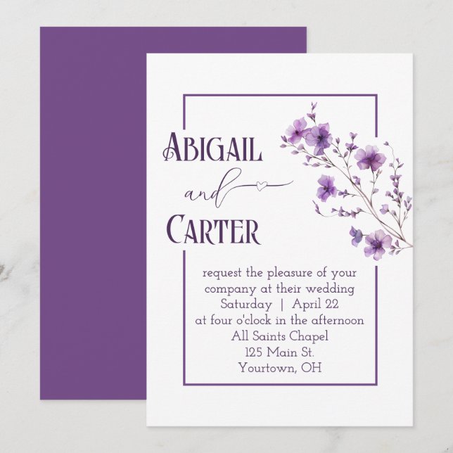 Wedding Purple Floral Frame On White Inbjudningar (Fram/baksida)