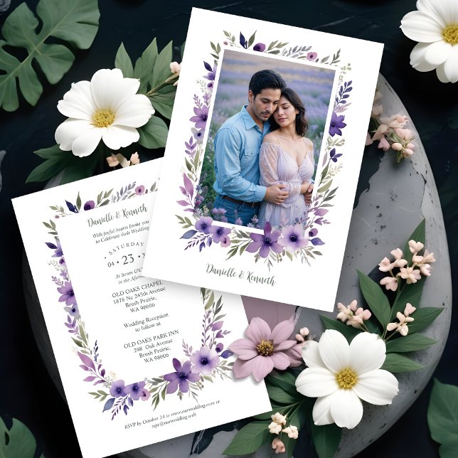 Wedding Purple Shades Flowers Branches Photo Inbjudningar (Wedding Purple Shades Flowers Branches Photo Invitations Cards.)