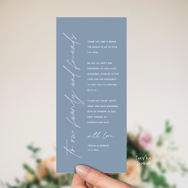 Wedding Reception Dinner Modern Thank You Card Program (Welcome and thanks, Modern Wedding Reception Dinner Thank You card, family friends in dusty blue)