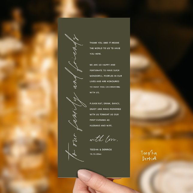Wedding Reception Dinner Modern Thank You Card Program (Welcome and thanks, Modern Wedding Reception Dinner Thank You card, family friends in olive green)