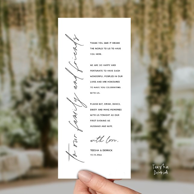 Wedding Reception Dinner Modern Thank You Card Program (Welcome and thanks, Modern Wedding Reception Dinner Thank You card, family friends in Black White)