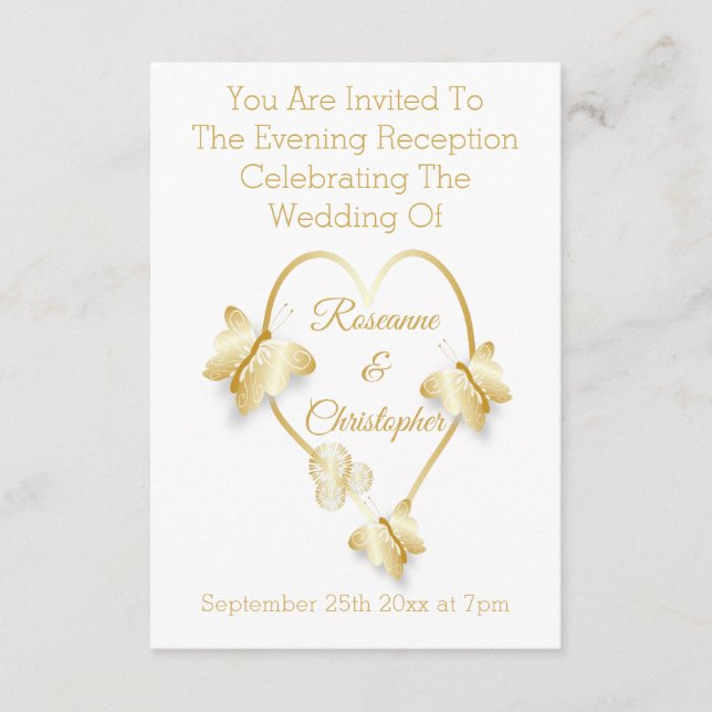 Wedding Reception Gold Coloured Heart Butterfly Tilläggskort (Framsida)