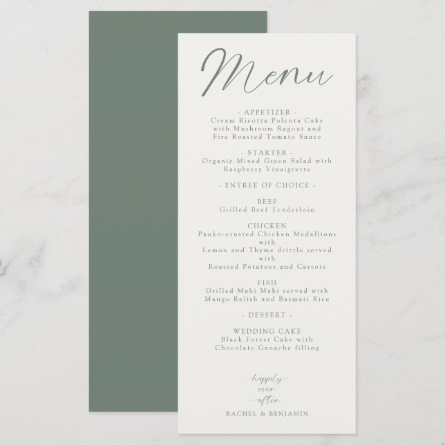 Wedding Reception Menu Elegant Script Sage Green Meny (Fram/baksida)