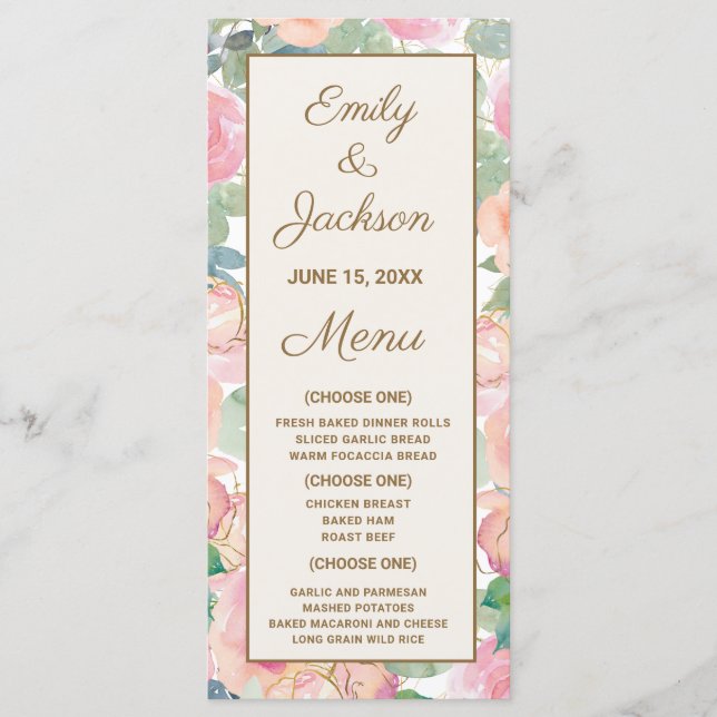 Wedding Reception Menu  Rosa Blommigt Greenery Meny (Framsida)