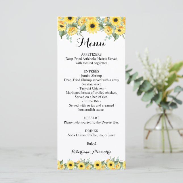 Wedding Reception Menu Sunblommblommor Greenery Meny (Stående Fram)