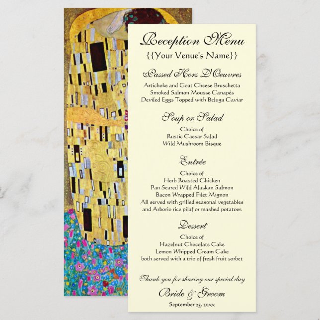 Wedding Reception Menu; The Kiss by Gustav Klimt Meny (Fram/baksida)