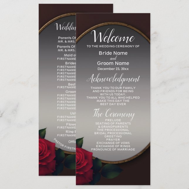 Wedding Red Blush Floral Silver Gray Mirror Program (Fram/baksida)