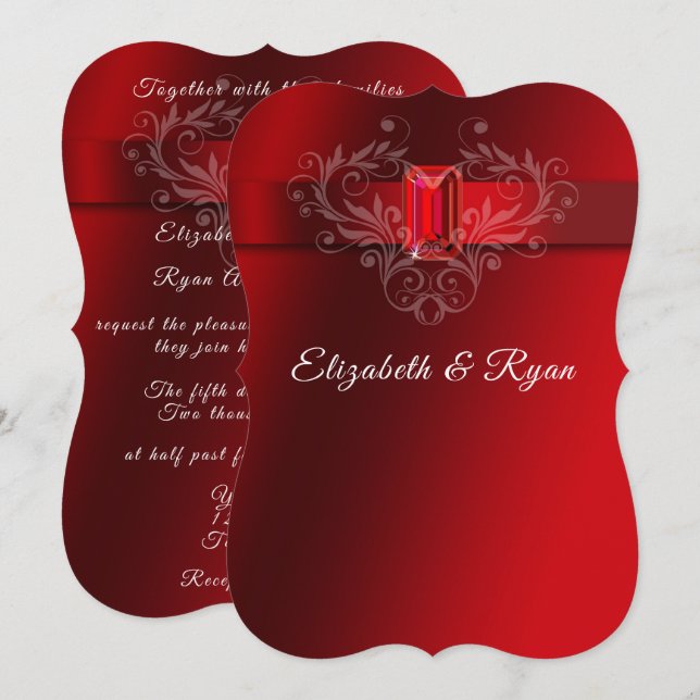 Wedding Red Satin Ribbon Sparkling Ruby Inbjudningar (Fram/baksida)