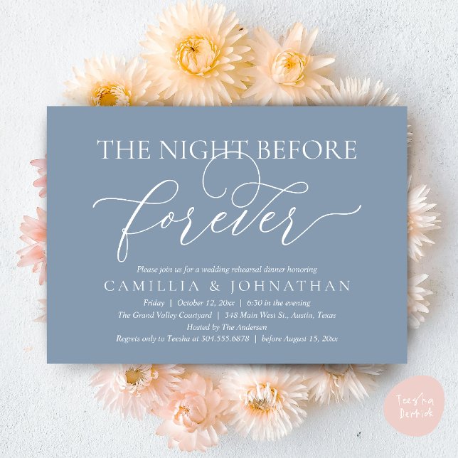 Wedding Rehearsal Dinner, The Night Before Forever Inbjudningar (The Night Before Forever Wedding Rehearsal Dinner Romantic Classy Invites Card PDF in Dusty Blue)