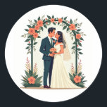 Wedding Romance Stickers Runt Klistermärke<br><div class="desc">Elegant sticker featuring a loving bride and groom under a floral arch,  perfect for wedding decor and romantic notes.</div>
