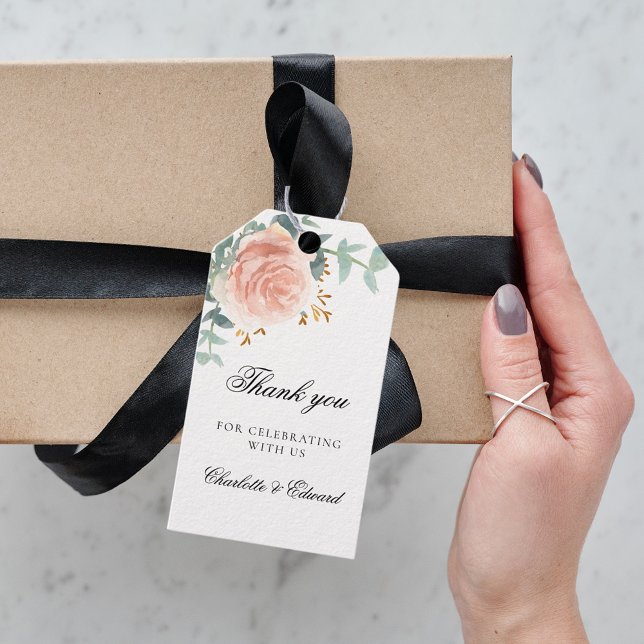 Wedding rose gold floral greenery thank you presentetikett (Skapare uppladdad)