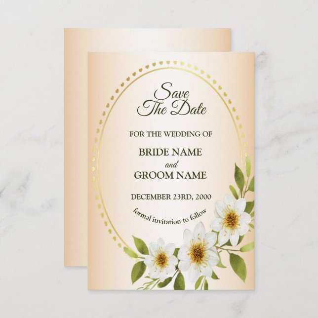 Wedding Rustic Golden Frame White Floral Peach Spara Datumet (Fram/baksida)