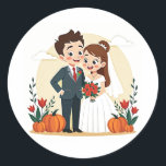 Wedding Season Stickers Runt Klistermärke<br><div class="desc">Cute cartoon stickers featuring a newlywed couple surrounded by pumpkins and flowers,  perfect for autumn celebrations and weddings.</div>