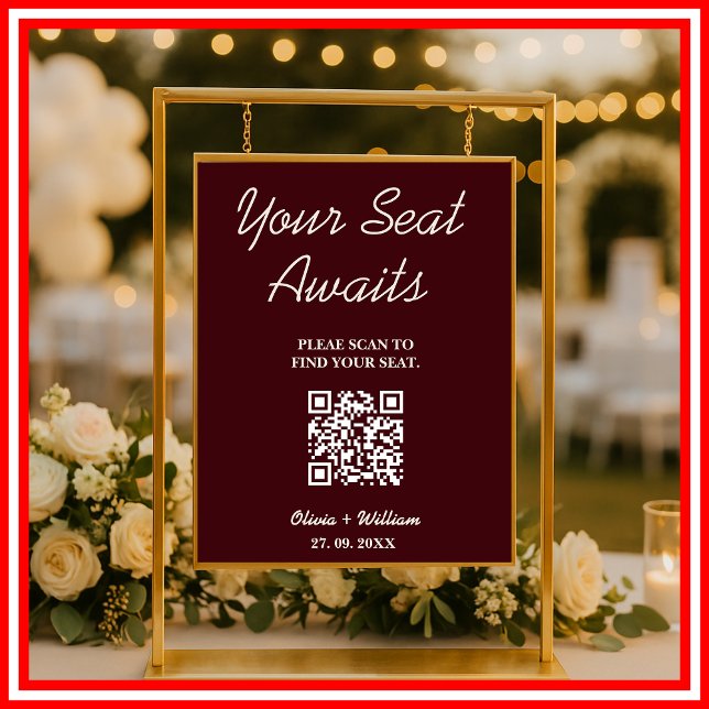 Wedding Seating Chart QR Burgundy & Ivory Rustic Poster (Skapare uppladdad)