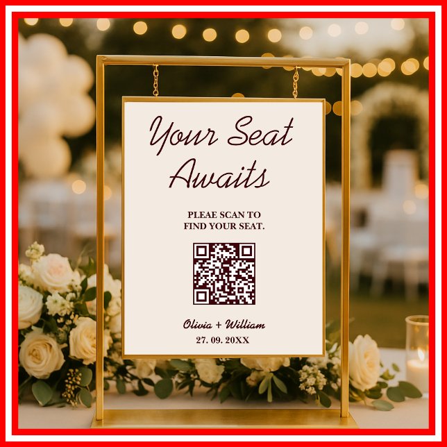 Wedding Seating Chart QR Burgundy & Ivory Rustic Poster (Skapare uppladdad)