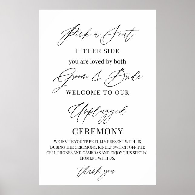 Wedding Sign – Pick a Seat, Not a Side | Unplugged Poster (Framsidan)