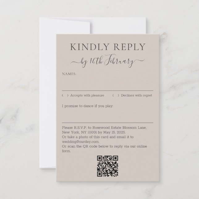 Wedding Soft Beige Signature QR Code Kindly Reply OSA Kort (Framsida)