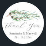 Wedding Stickers Tack Simple Rosemary Runt Klistermärke<br><div class="desc">De här bröllopsmärken har ord "Tack" i trendigets skripttypografi. Använda mallen fält om du vill lägga till egna namn och bröllop-datum. En spirg med vattenfärg rosmarin gren lägger till överkanten. Om du vill se motsvarande rustic bröllop-stationär besöker du www.zazzle.com/dotellabelle Watercolor art and design by Victoria Grigaliunas</div>
