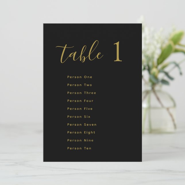 Wedding Table Seating Chart Cards | Gold on Black Inbjudningar (Stående Fram)