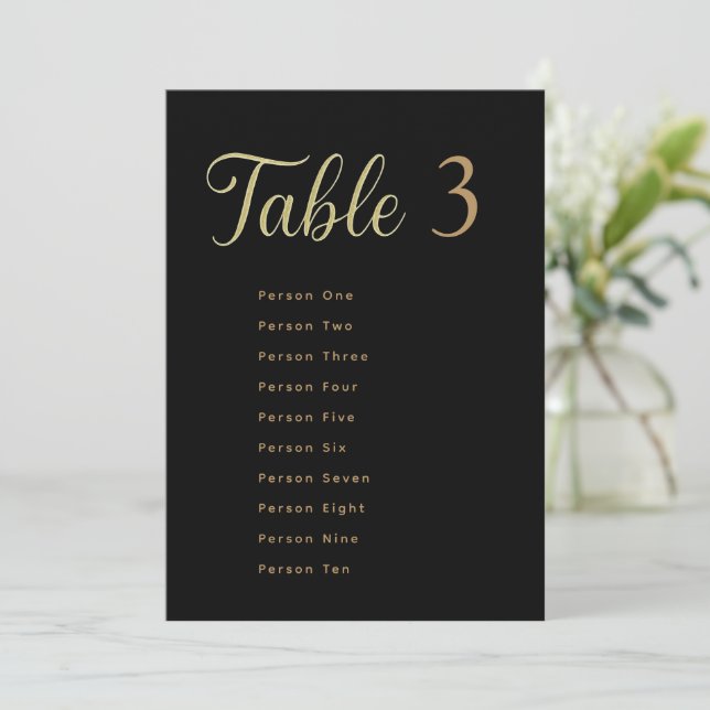 Wedding Table Seating Chart Cards | Gold on Black Inbjudningar (Stående Fram)