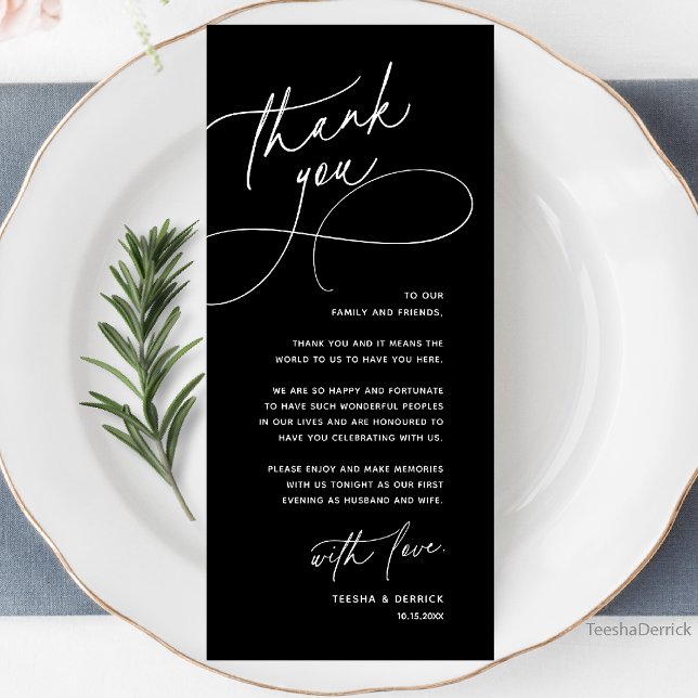Wedding Table Thank You Elegant Reception Card Program (Wedding Table Thank You Elegant Reception Dinner Card in black and white)