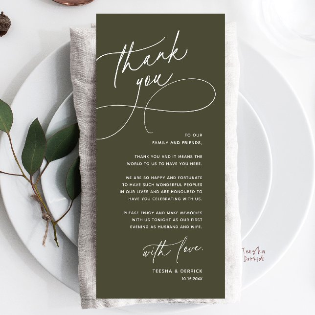 Wedding Table Thank You Elegant Reception Card Program (Wedding Table Thank You Elegant Reception Dinner Card in olive green)